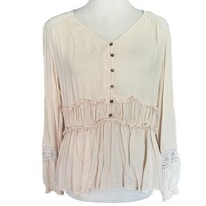 Boho Flowy Babydoll Cream Long Sleeved Blouse Top Shirt